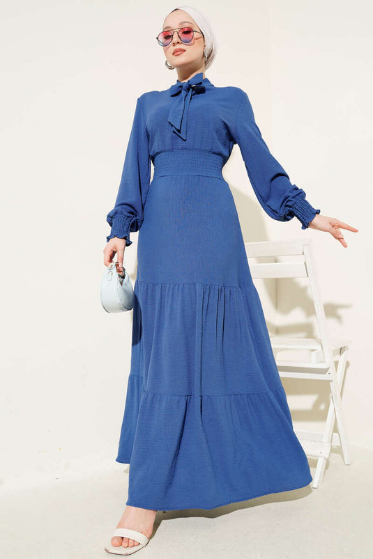 Elastic Dress with Front Tie Detail Indigo