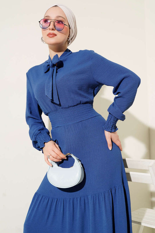 Elastic Dress with Front Tie Detail Indigo