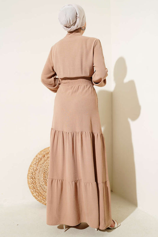 Önden Bağlama Detaylı Lastikli Elbise Latte