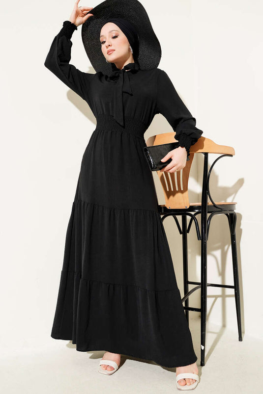 Elastic Dress with Front Tie Detail, Black