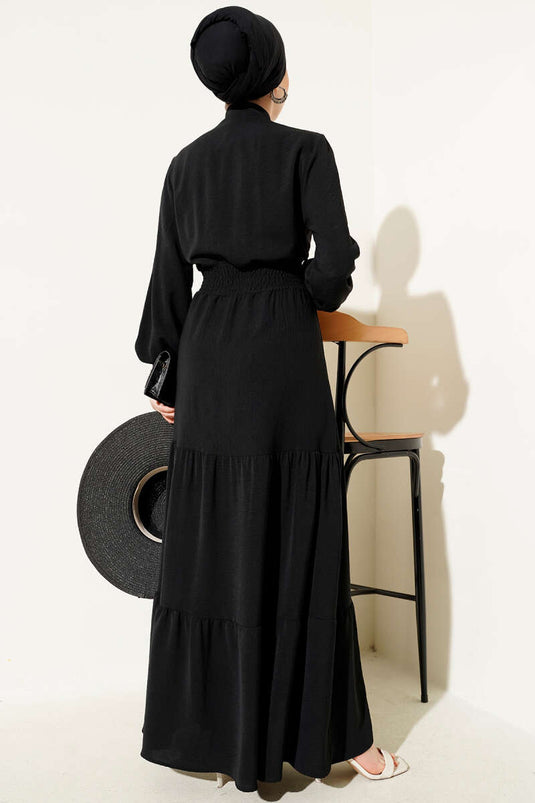 Elastic Dress with Front Tie Detail, Black