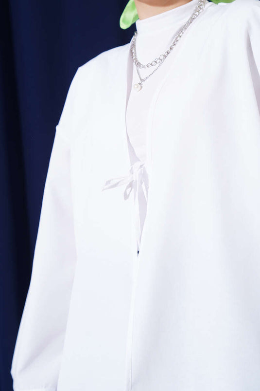 Önden Bağlama Detaylı Terikoton Kimono Beyaz