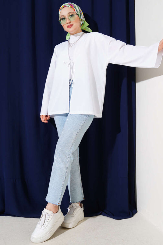 Önden Bağlama Detaylı Terikoton Kimono Beyaz