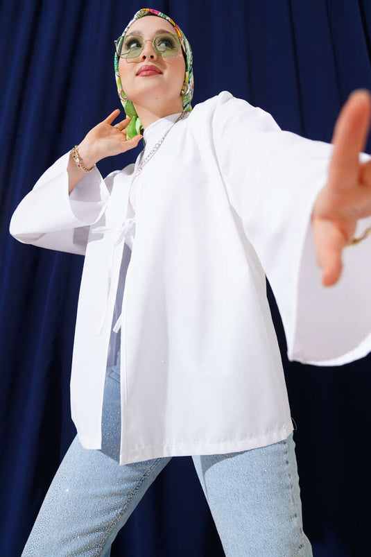 Önden Bağlama Detaylı Terikoton Kimono Beyaz