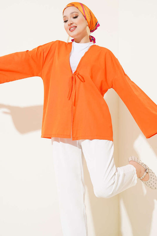 Önden Bağlama Detaylı Terikoton Kimono Oranj