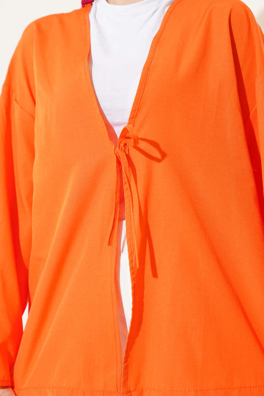 Önden Bağlama Detaylı Terikoton Kimono Oranj