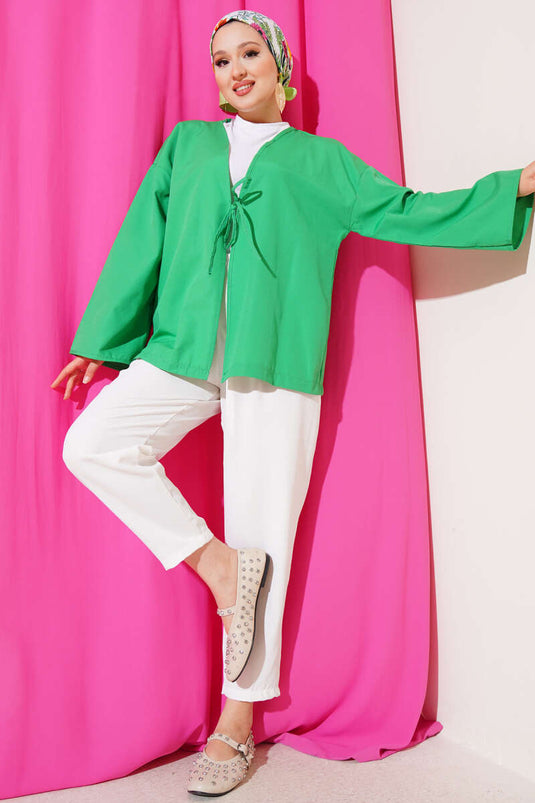 Önden Bağlama Detaylı Terikoton Kimono Yeşil