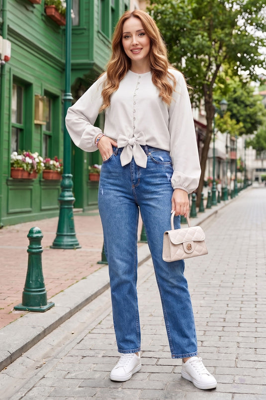 Blouse À Nouer Devant, Couleur Écru