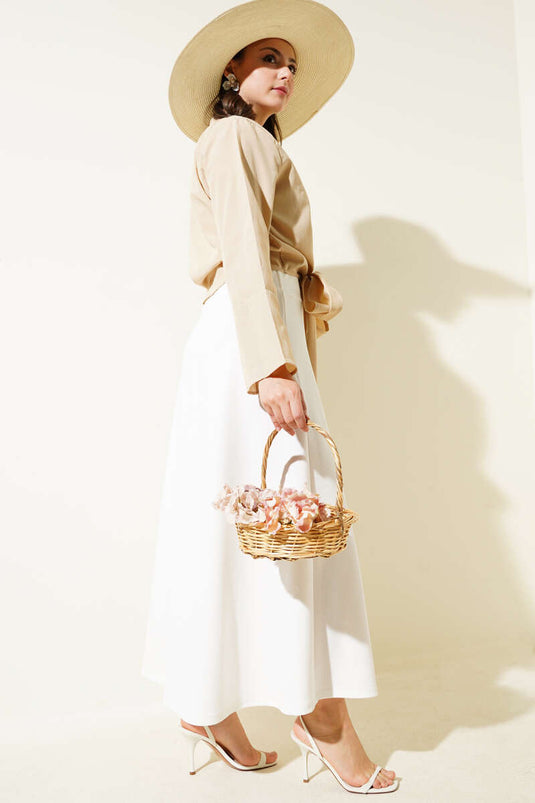 Korte blouse met strik aan de voorkant, beige