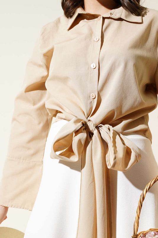 Korte blouse met strik aan de voorkant, beige