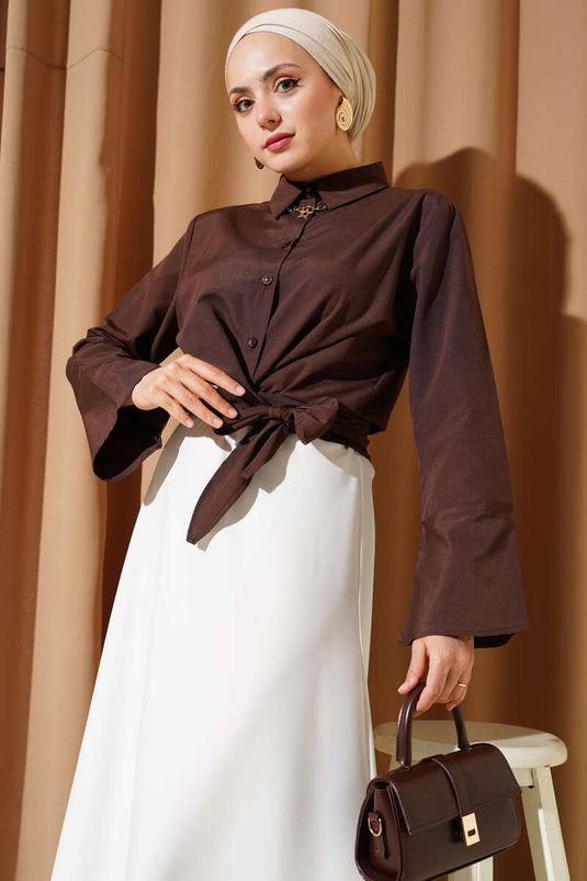 Front Tie Short Shirt Brown