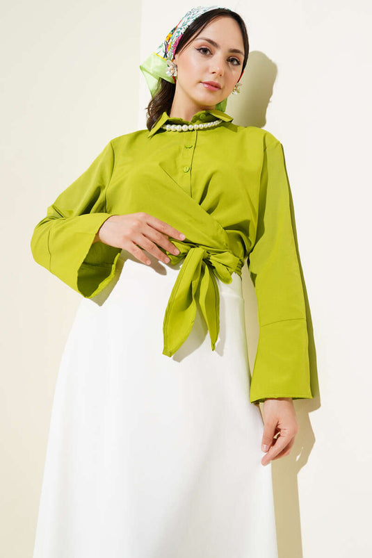 Chemise courte nouée devant vert pétrole