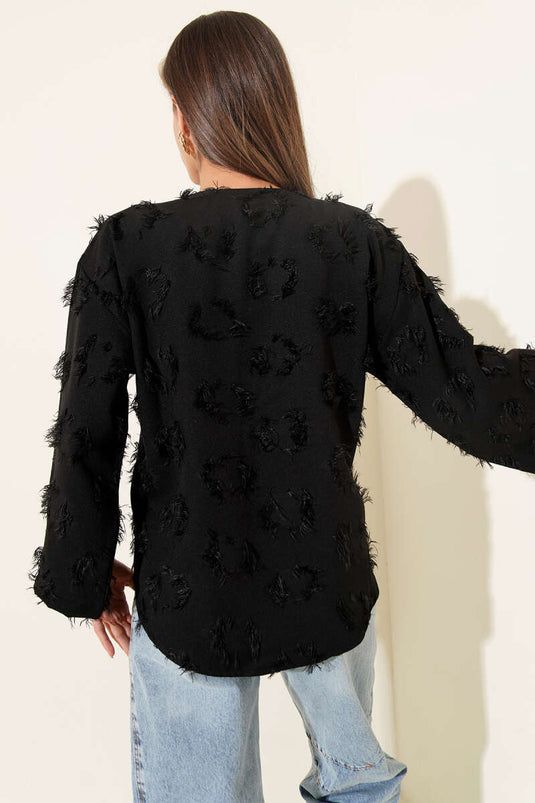 Kimono noir à franges avec nouage avant