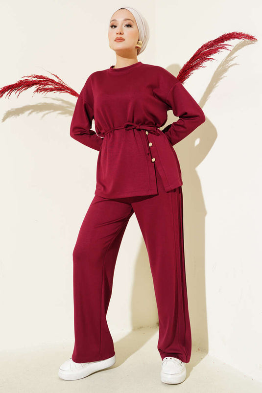 Button Detailed Front Laced Two Piece Suit Burgundy