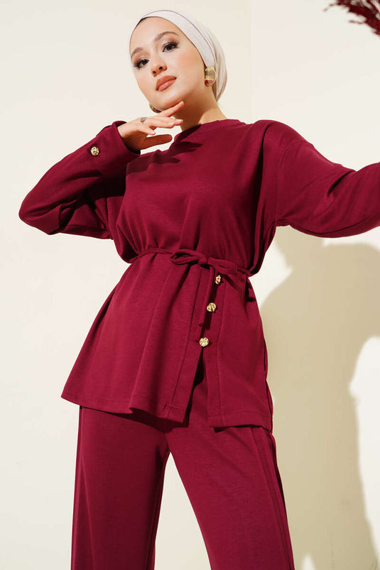 Button Detailed Front Laced Two Piece Suit Burgundy