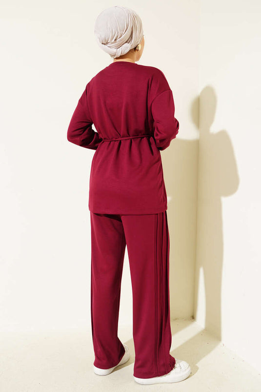 Button Detailed Front Laced Two Piece Suit Burgundy
