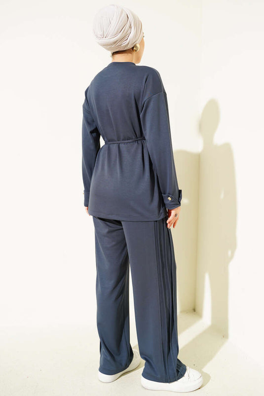 Button Detailed Front Laced Two Piece Suit Smoke