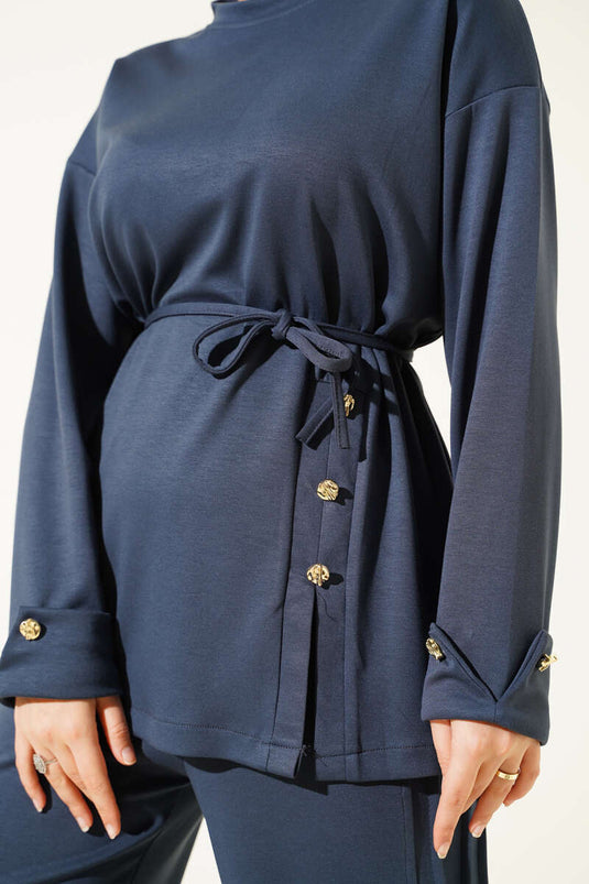 Button Detailed Front Laced Two Piece Suit Smoke