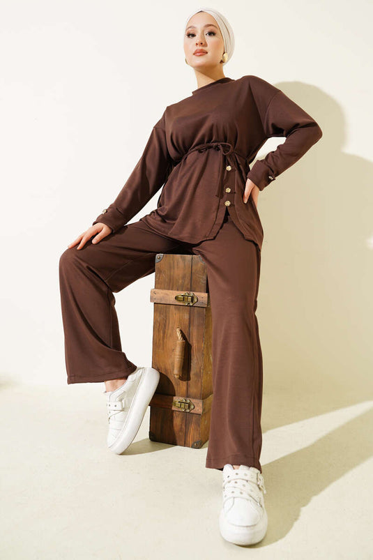 Önden Düğme Detaylı İp Bağcıklı İkili Takım Kahverengi