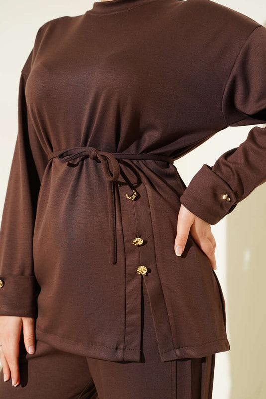 Önden Düğme Detaylı İp Bağcıklı İkili Takım Kahverengi