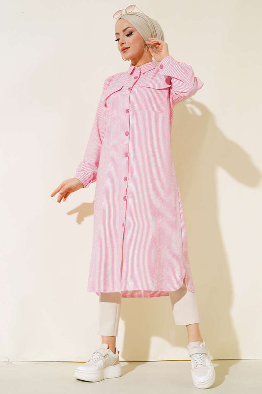 تونيك سيرساكر مخطط بأزرار أمامية وردي