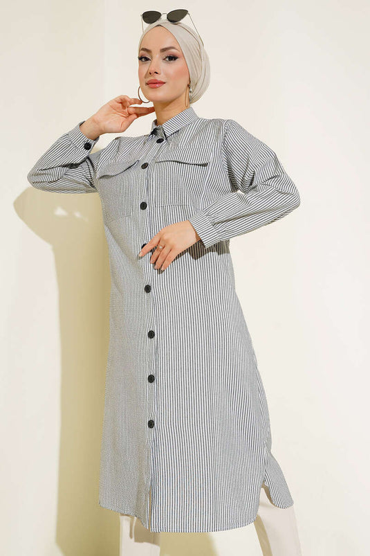 Buttoned Front Striped Seersucker Tunic Black