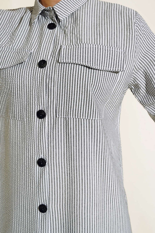 Buttoned Front Striped Seersucker Tunic Black