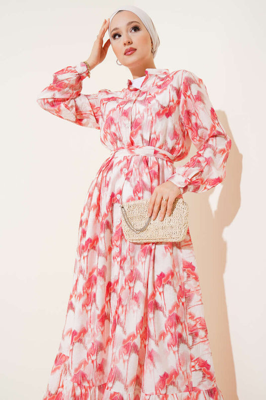 Önden Düğmeli Ebruli Desenli Elbise Kırmızı