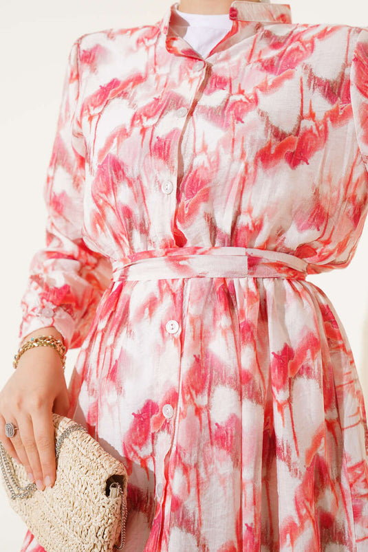 Önden Düğmeli Ebruli Desenli Elbise Kırmızı