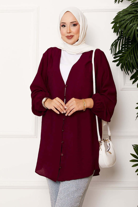 Kimono-overhemd met knopen aan de voorkant, bordeauxrood