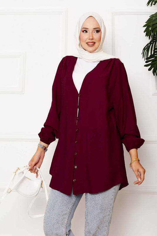 Kimono-overhemd met knopen aan de voorkant, bordeauxrood