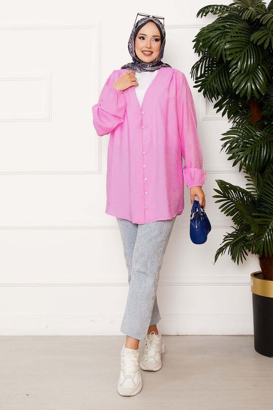 Önden Düğmeli Kimono Gömlek Koyu Pembe