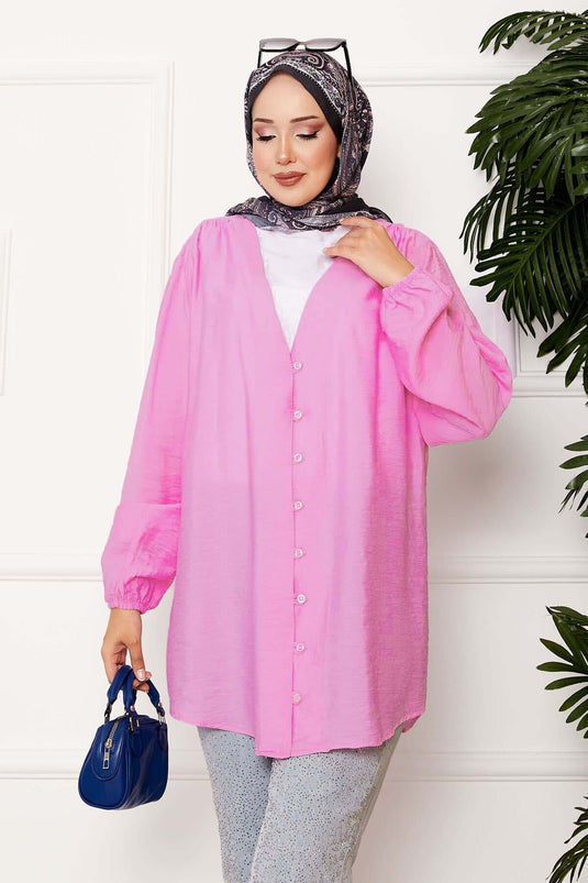 Önden Düğmeli Kimono Gömlek Koyu Pembe