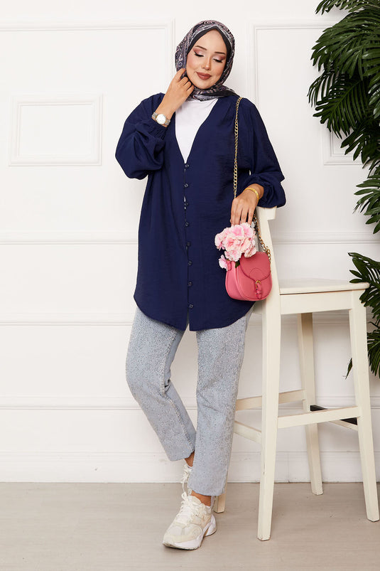 Camicia kimono con bottoni sul davanti blu navy