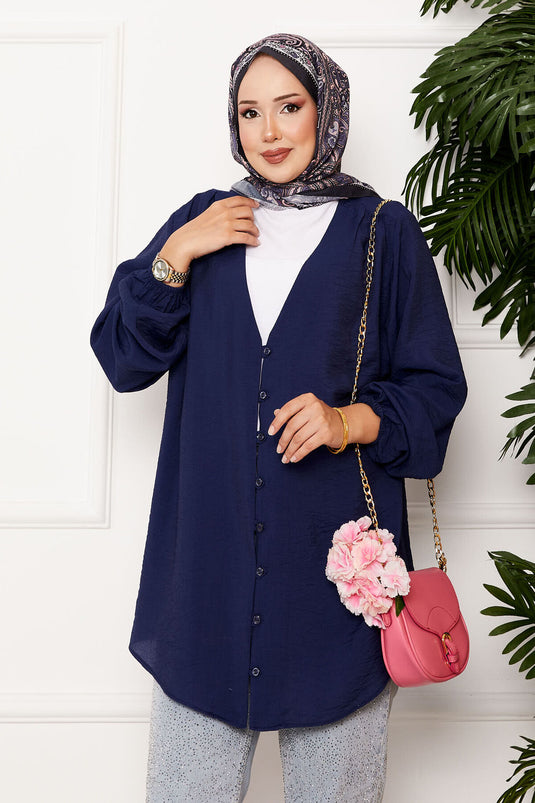 Kimono-overhemd met knopen aan de voorkant, donkerblauw