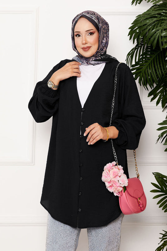 Önden Düğmeli Kimono Gömlek Siyah