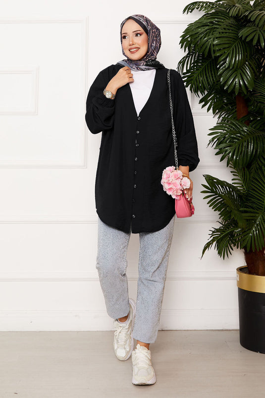 Önden Düğmeli Kimono Gömlek Siyah