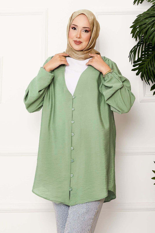 Kimono-overhemd met knopen aan de voorkant, groen