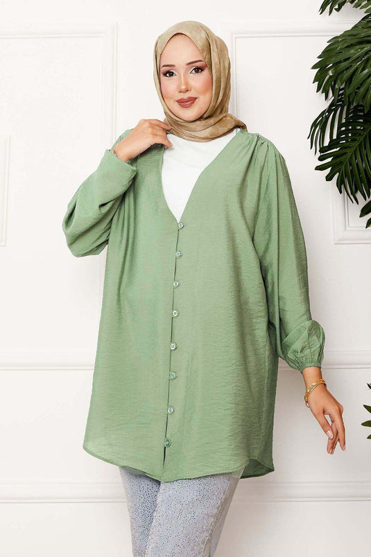 Kimono-overhemd met knopen aan de voorkant, groen