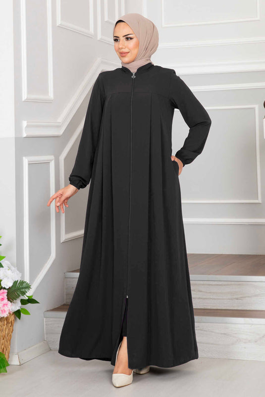 Front Pleated Hijab Crepe Abaya Smoked