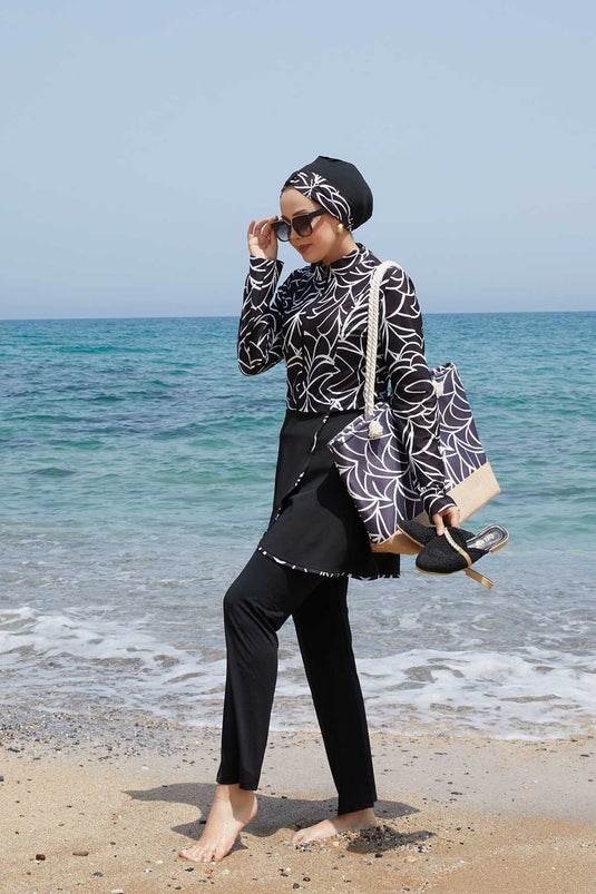 Front Half Zippered Skirted Hijab Swimsuit -141