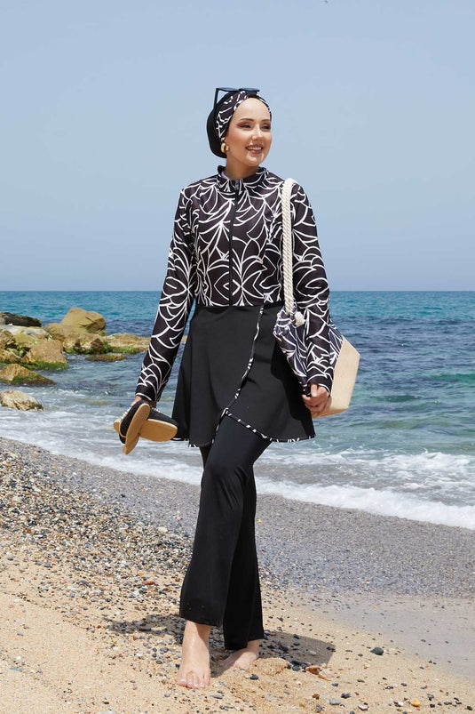 Front Half Zippered Skirted Hijab Swimsuit -141