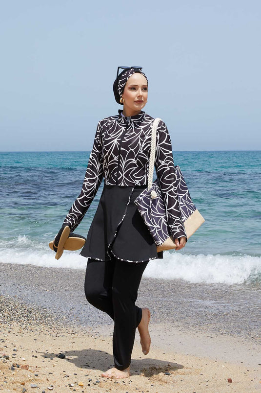 Front Half Zippered Skirted Hijab Swimsuit -141