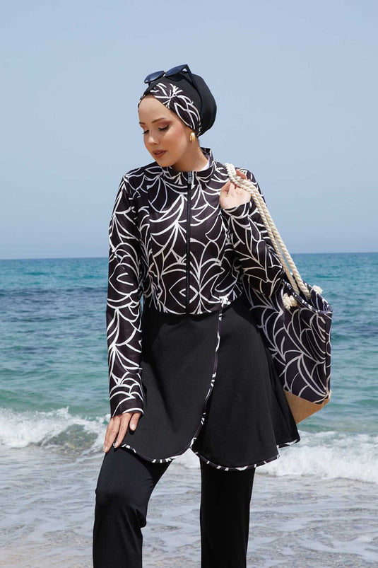 Front Half Zippered Skirted Hijab Swimsuit -141