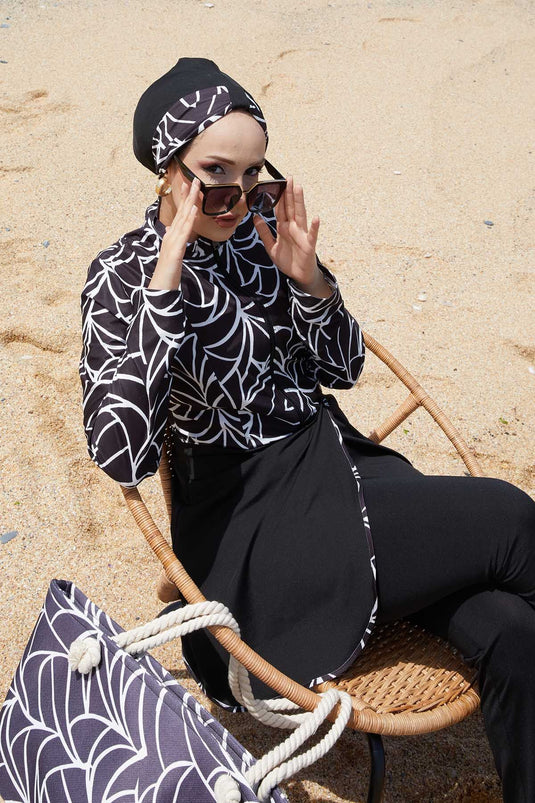 Front Half Zippered Skirted Hijab Swimsuit -141