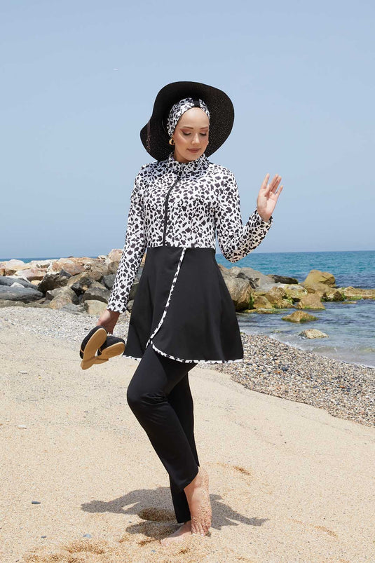 Front Half Zippered Skirted Hijab Swimsuit -142