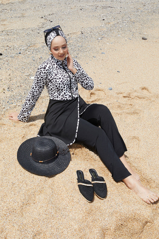 Front Half Zippered Skirted Hijab Swimsuit -142