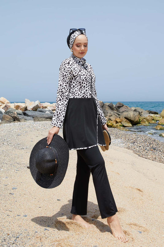 Front Half Zippered Skirted Hijab Swimsuit -142