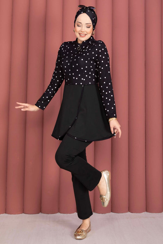 Önden Yarım Fermuarlı Eteği Allerli Tesettür Mayo Siyah