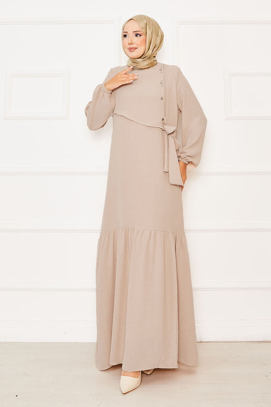 Önü Aller Ve Taş Detaylı Bağlamalı Elbise Bej